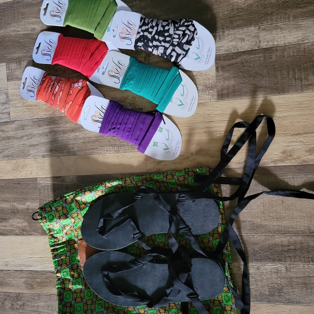 Womens size 7 Sseko sandels and 6 new ribbons,